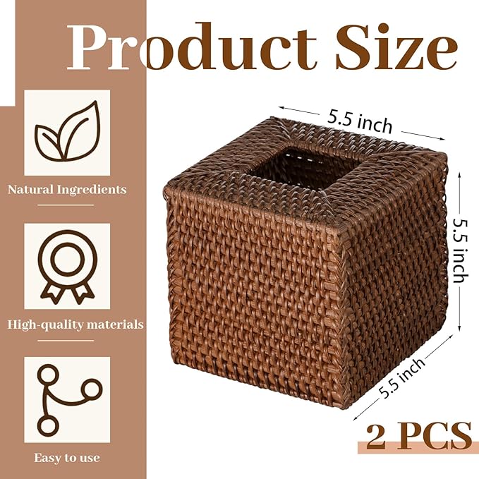 Kigley 2 Pcs Square Rattan Tissue Box Cover Boho Wicker Tissue Cube Box Cover 5.5'' x 5.5'' x 5.5'' Decorative Natural Wicker Hand Woven Napkin Box Holder Bathroom Office Car Accessories (Brown)