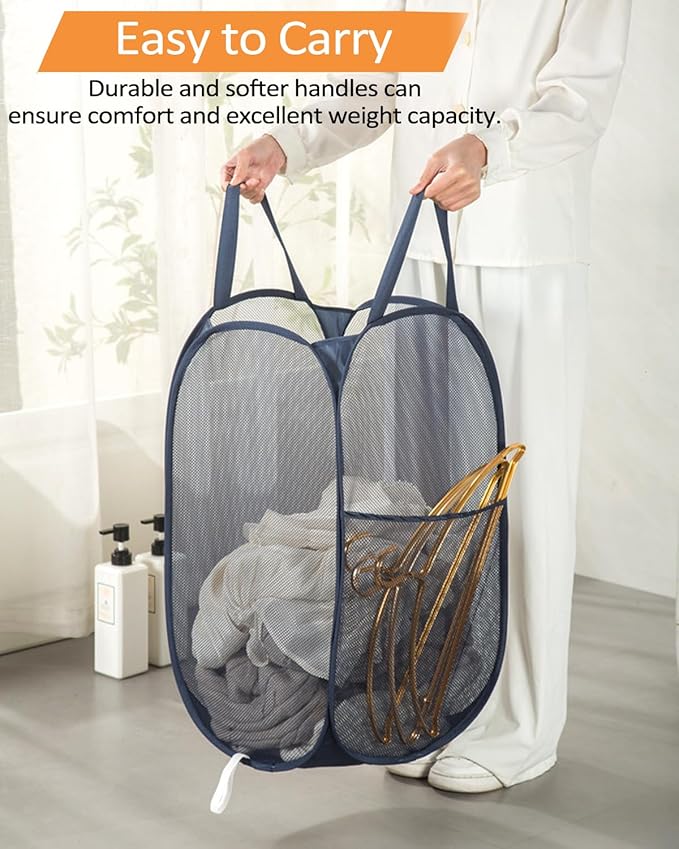Bemkoo Navy Blue Durable Foldable Laundry Hamper, 22.8 x 14.2 x 14.2 inches