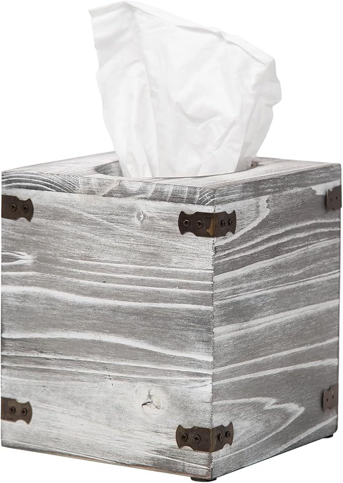 Distressed Farmhouse Square Solid Wood Tissue Box Cover with Slide-Out Bottom Panel Honey Brown Tissue Box Holder for Bathroom Living Room Dining Room Bedroom Toilet (White Grayish)