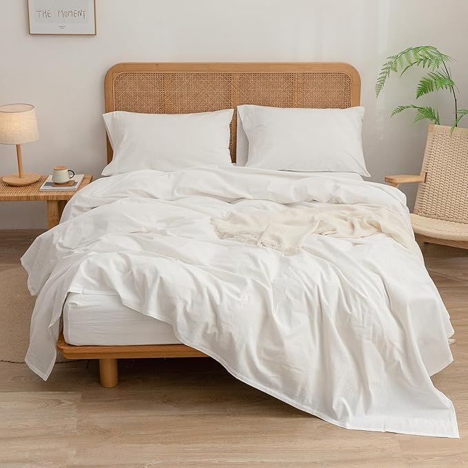 BESTOUCH Sheet Set 100% Washed Cotton Linen Feel Super Soft Comfortable Chic Lightweight 4 Pcs Home Bedding Set Solid Off White King