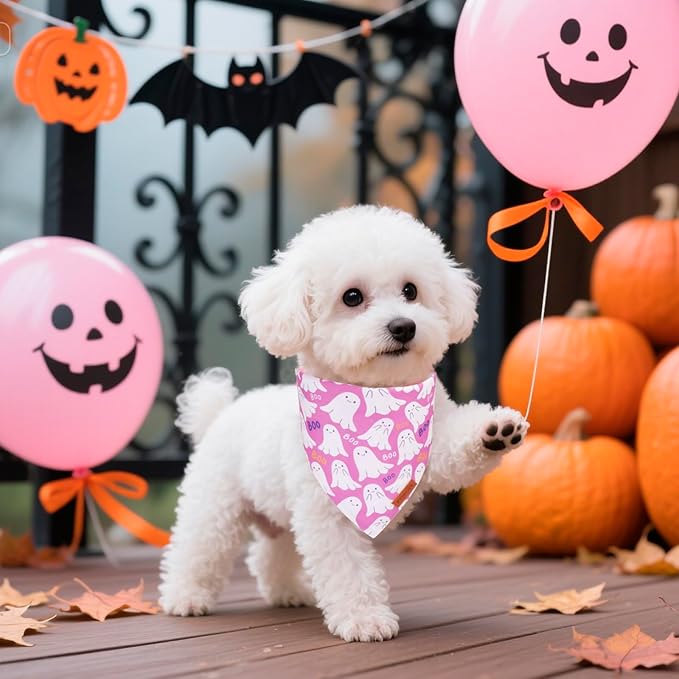 PTDECOR Halloween Dog Bandana, Cute Ghost Pumpkin Design Reversible Holiday Pet Scarf, Premium Durable Fabric, Adjustable Pink Black Halloween Bandanas for Small Dogs Puppies Cats(Small)