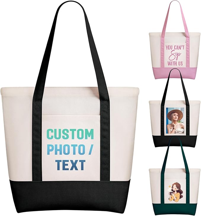 WACAR Custom Tote Bags with an External Pocket, Bulk Personalized Canvas Tote Bags, Reusable Grocery Bag for Beach, Daily Use