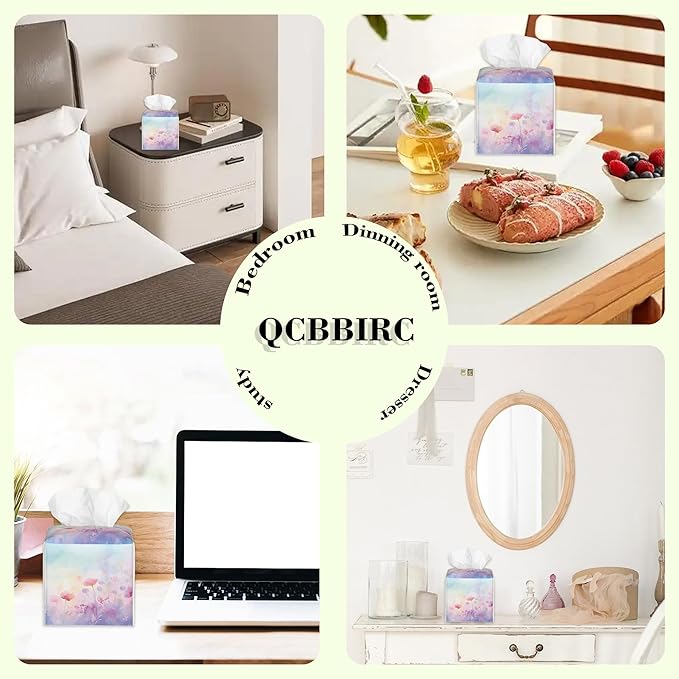 Watercolor Colored Pastel Boho Floral Tissue Box Cover Square Leather Tissue Holder Waterproof Facial Paper Organizer Dispenser Cube Paper Cover Case for Home Office Bathroom Vanity Countertop