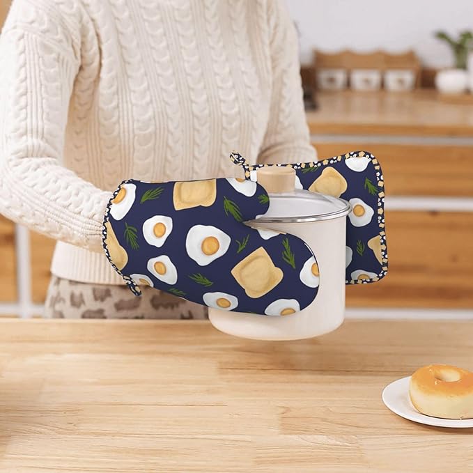 Fried Egg Bread Vanilla Oven Mitts and Pot Holders Sets, Home Silicone Heat Resistant BBQ Gloves for Kitchen Baking Cooking Grilling Microwave