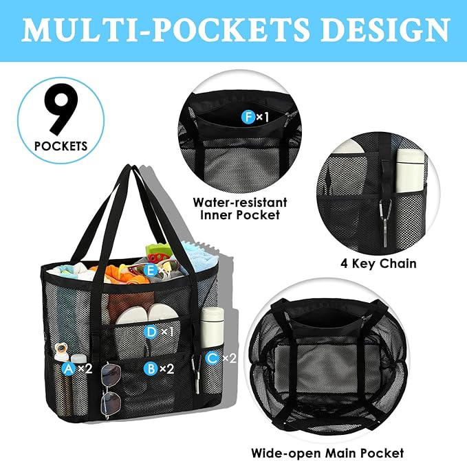 GYEUKHAM Mesh Beach Bag - Large Beach Tote Bag with Multiple Pockets for Family Beach Bag for Toys & Vacation Essentials