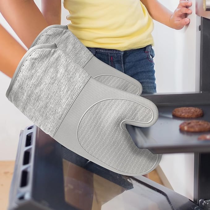 Homewear Marlow Silicone Extra Long Oven Mitt 2 Piece Set, Heat and Slip Resistant, Recycled Cotton with Soft Lining, Thick Kitchen Gloves for Cooking, Grey