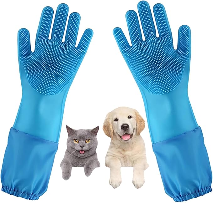 GALYNA Dog Washing Gloves, Pet Grooming Gloves with Soft Brushes, Bathing and Massaging for Dogs and Cats, Silicone Heat Resistant Cleaning Gloves with High-Density Teeth (Blue)