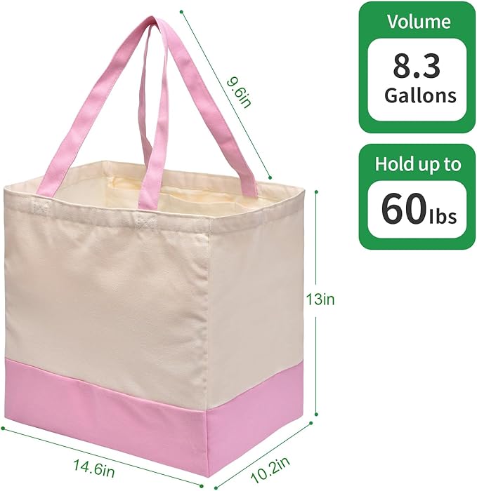 CNaiyunpin 3 Pack Canvas Reusable Grocery Bags Heavy Duty, 8.3 gal Foldable Large Tote Bag with Handles, Holds 60 lbs Canvas Shopping Bags & Washable Eco-friendly Bags with 5 Pockets, Pink+Off white