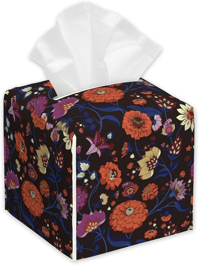 Vintage Paisley Floral Tissue Box Cover Square,Tissue Box Holder with Belt Bottom,Stylish Leather Napkin Holder for Vanity Countertop,Nightstands,Office Desk,5.2"×5.2"×5.2"