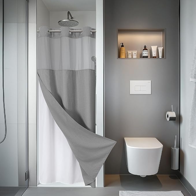eachope Grey No Hook Waffle Weave Shower Curtain with snap-in Liner Replacement, 230GSM Waterproof Fabric Hotel Shower Curtain Set for Bathroom, Through Mesh Top Window,36Wx74H