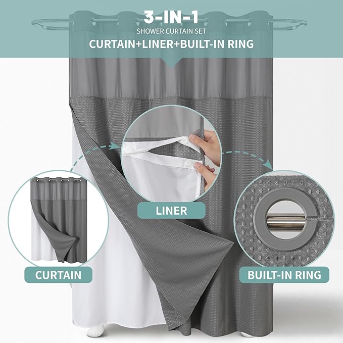 eachope Grey No Hook Waffle Weave Shower Curtain with snap-in Liner Replacement, 230GSM Waterproof Fabric Hotel Shower Curtain Set for Bathroom, Through Mesh Top Window,71Wx82H