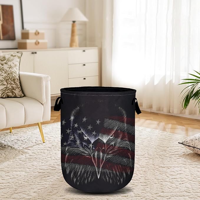 American Flag Eagle Laundry Basket, Laundry Hamper Collapsible Oxford Cloth with Handle Clothes Toy Storage Bin for Bathroom Laundry Room Bedroom 15.7 X 20 Inch