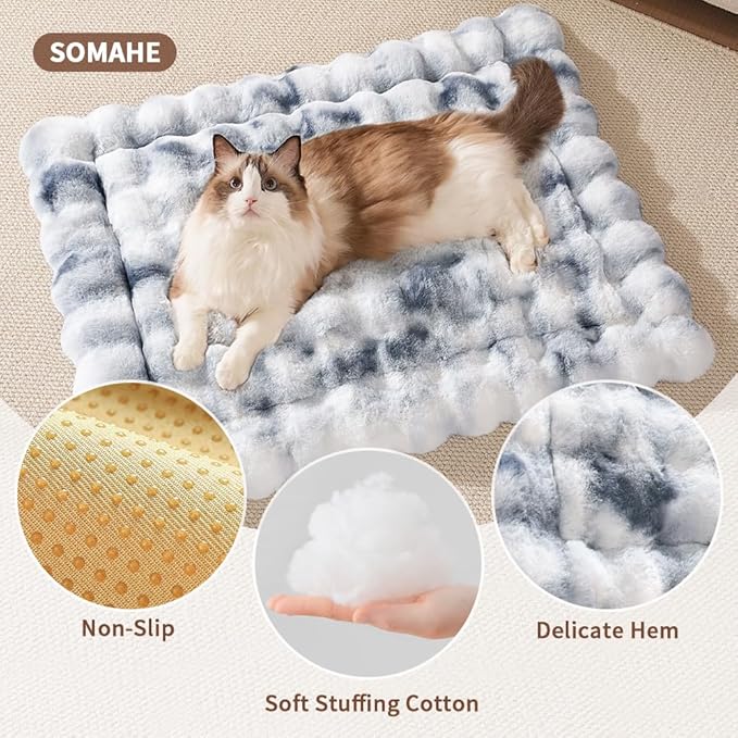 SOMAHE Cat Bed Ultra Soft Plush Machine Washable Pet Mat with Non-Slip Rubber Bottom for Indoor Cats & Dogs Faux Fur Cushion Pad for Floor Couch Carrier for Kittens & Puppies 23 x 15 Inch Medium Blue