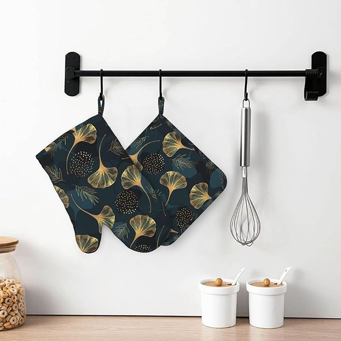 Leaves Vintage Floral Oven Mitts and Pot Holders Set of 4 Silicone Golden Gingko Leaf Kitchen Mitten Gloves and Green Leaves Potholders Set Heat Resistant Oven Gloves Hot Holders for Kitchen