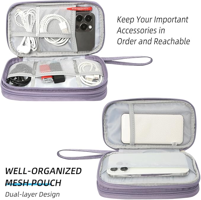 CAAORDKSO Cord Organizer Bag, Travel Cable Organizer Case Waterproof Accessories Pouch with Handle, Travel Electronic Carrying Bag for Cable, Cord, Charger, Phone, Power Bank, Earphone(Purple, Medium)