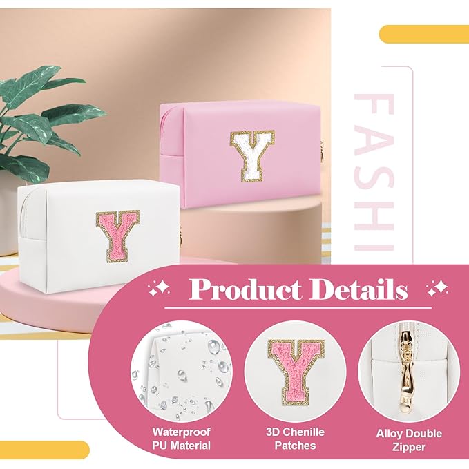 Personalized Makeup Bag Initial A-Z Preppy Patch Bag,Small PU Leather Travel Cosmetic Bag Pouch with Zipper,White Cute Toiletry Bag,Gift Ideal for Teen Girls Women Birthday Friend Mom,Letter Y