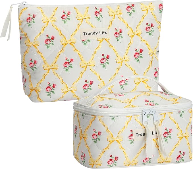 HAOGUAGUA 2 Pieces Makeup Bag, Small Large Quilted Cosmetic Bag, Travel Floral Make Up Toiletry Organizer Bag for Women Girls (2PCS STYLE B-6)