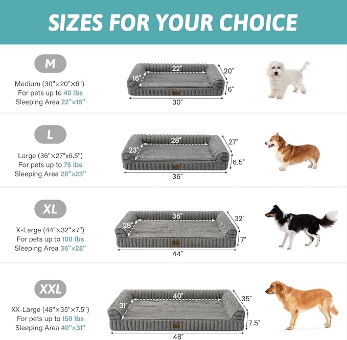 COZY KISS Cute Dog Bed for Extra Large Dogs, Faux Rabbit Fur Orthopedic Foam Dog Bed with Sides, Removable Washable Cover & Waterproof Lining, Comfortable Pet Couch, Grey (48" L x 35" W x 7.5" Th)