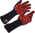 J H Heat Resistant Oven Glove:EN407 Certified 932 °F, 2 Layers Silicone Coating, Oven Mitts for Cooking, Kitchen, Fireplace,Camping, Grilling (Black/Red, Extra Long Cuff)