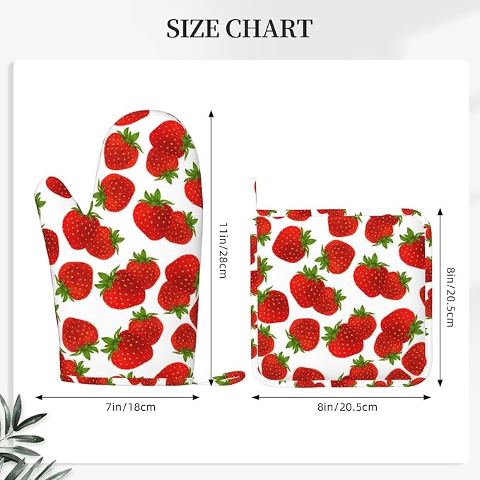 Silicone Oven Mitts and Pot Holders Sets, Home Cute Strawberry Heat Resistant BBQ Gloves for Kitchen Baking Cooking Grilling Microwave
