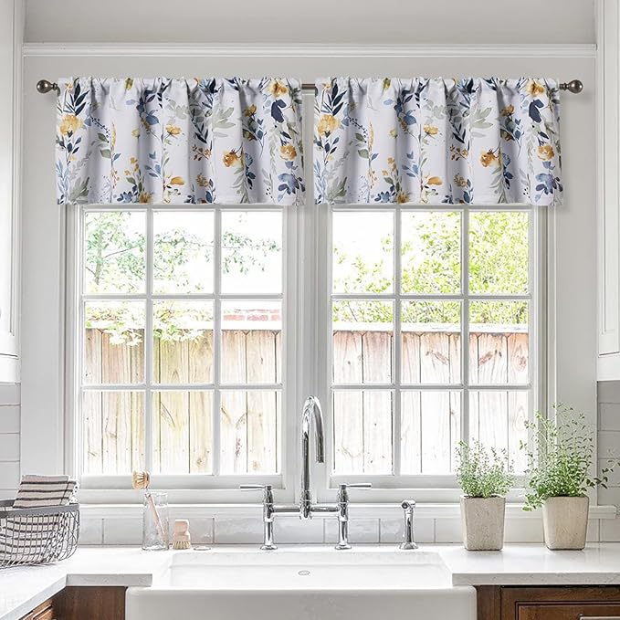 MYSKY HOME 2 Pack Blackout Window Valance, 18 Inches Long Kitchen Window Curtains Over Sink Rod Pocket Pattern Valance for Bathroom Bedroom Living Room, Yellow & Grey