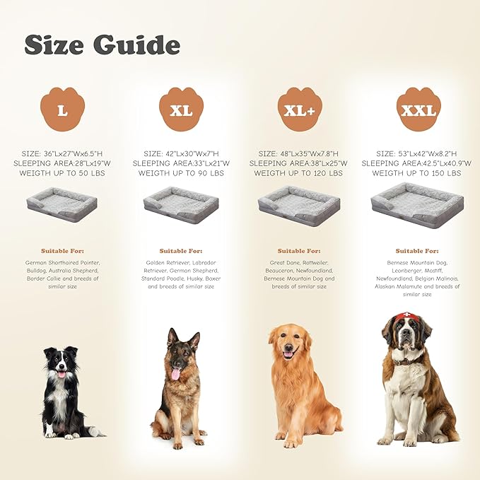 PetFun XL Orthopedic Dog Beds Large Sized Dog - Washable Large Dog Cat Bed Waterproof, Comfort Dogs Couch Sofa with Washable Removable Cover, Pet Bed with Nonskid Bottom, Light Grey, 48"
