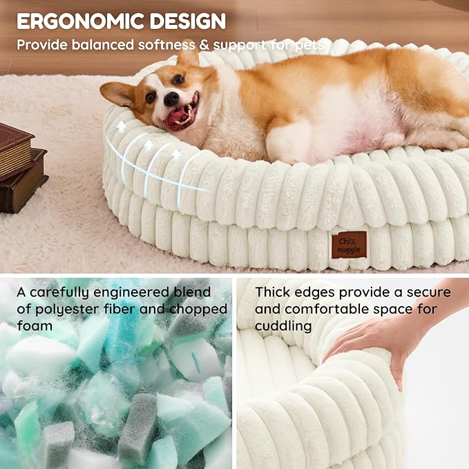 ChiXnuggle Dog Bed Large Sized Dog - Luxury Striped Faux Fur Waterproof Pet Couch with Removable Washable Cover, Orthopedic Pet Bed with Bolster Sides for Sleeping, Cream