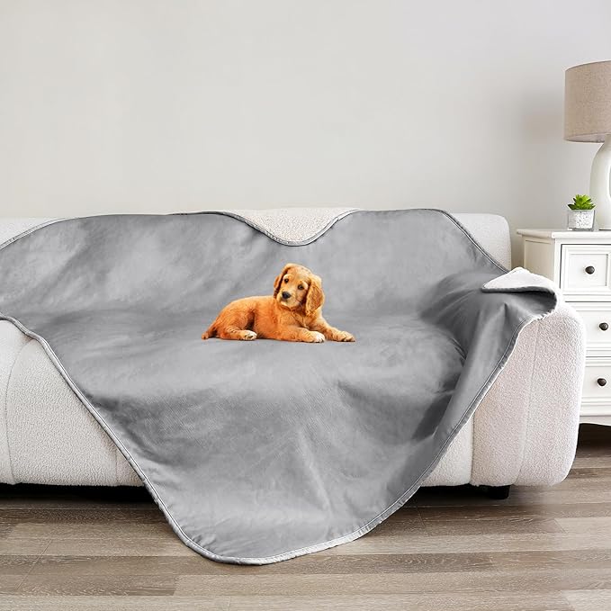 Bigbeer Waterproof Dog Blanket for Couch, Leak Proof Pet Blanket for Indoor Cats, Plush Sherpa Puppy Throw Furniture Protector for Sofa Bed(50"x60",XL,Darkgrey)