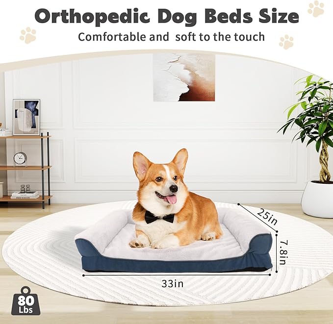 Dog Bed Waterproof Medium/Large Sized XL Foam Pet Beds Removable Washable Cover Dog Sofa Egg Crate Foam Support with Zipper Bottom Bolster Deluxe Plush Mat (Blue + White+33x25x7.8in)
