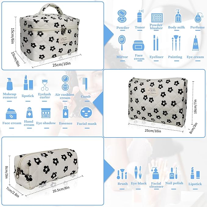 Gosect 3pc Makeup Bag Set, Quilted Makeup Bag Set, Large Floral Cosmetic Bag for Women, Cute Cotton Makeup Bags, Flower Travel Toiletry Organizer Bag (Black Flowers)