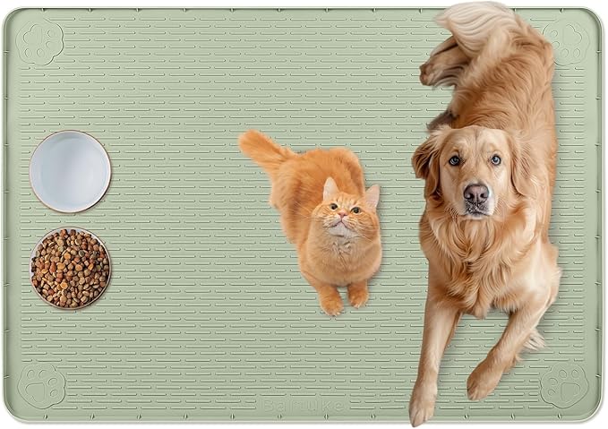 Bartuke Cat Food Mat, 34" x 22" Large Silicone Pet Feeding Mat for Food and Water Bowls Non-Slip, Easy to Clean (Light Green)