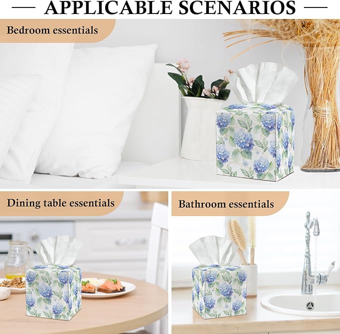 Blue Hydrangea Tissue Box Covers Square, Leather Tissue Box Holders Decorative for Car Nightstand Home Office Bathroom Organizer, Square Facial Paper Organizer Home Decor -011