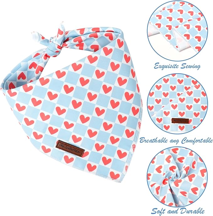 MR.CHUBBFACE Blue Valentine's Dog Bandana, Cotton Valentine Blue Checkered Puppy Bandana, Adjustable Pet Trangle Bibs Scarf