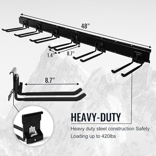 Aking Ace Garage Organization Wall Mount, 48inch Garden Tool Organizer with 6 Clamping Hooks, Heavy Duty, Garage Hanging Storage Rack for Yard Tools, Shovel, Shed, Hold Up to 420lbs (48Inch Black)