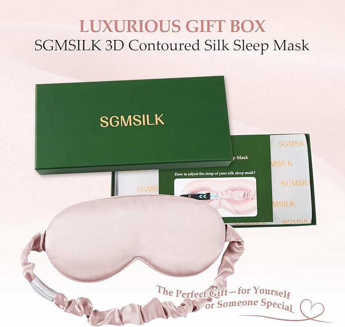 SGMSILK 100% Mulberry Silk Sleep Mask for Unisex, 22 Momme 3D Silk Contoured Eye Mask, Breathable Light Blocking Blindfold with Adjustable Strap, Blackout Eye Cover for Travel, Pink
