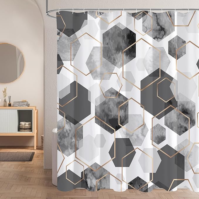 Litabel Modern Long Shower Curtain for Bathroom, Grey Geometric Art Decor Waterproof Bath Curtain, Abstract Fabric Shower Curtain Sets for Home Decor, 72x78 Inch