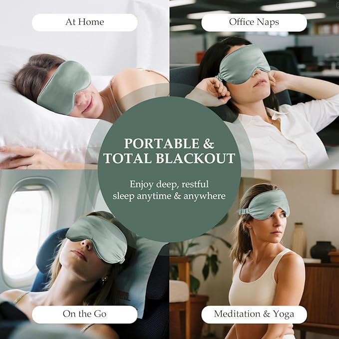 SGMSILK 100% Mulberry Silk Sleep Mask for Unisex, 22 Momme 3D Silk Contoured Eye Mask, Breathable Light Blocking Blindfold with Adjustable Strap, Blackout Eye Cover for Travel, Grayish Green