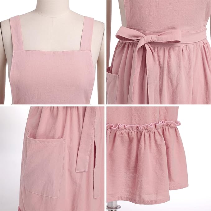 ODIZLI Frill Apron for Women Cotton Cross Back Vintage Ruffle Apron for Garden Cooking Aprons