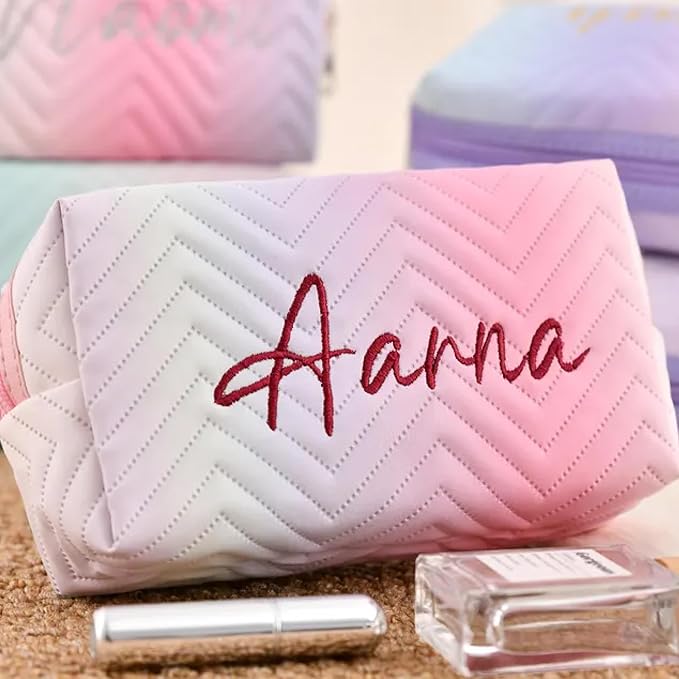 Personalized Makeup Bag with Name, Custom Embroidered Cosmetic Bags for Women Girls, Corduroy Gradient Pouch, Initial Quilted Bag,Travel Toiletry Pouch, Gifts for Bride Bridesmaid , Birthday, Wedding