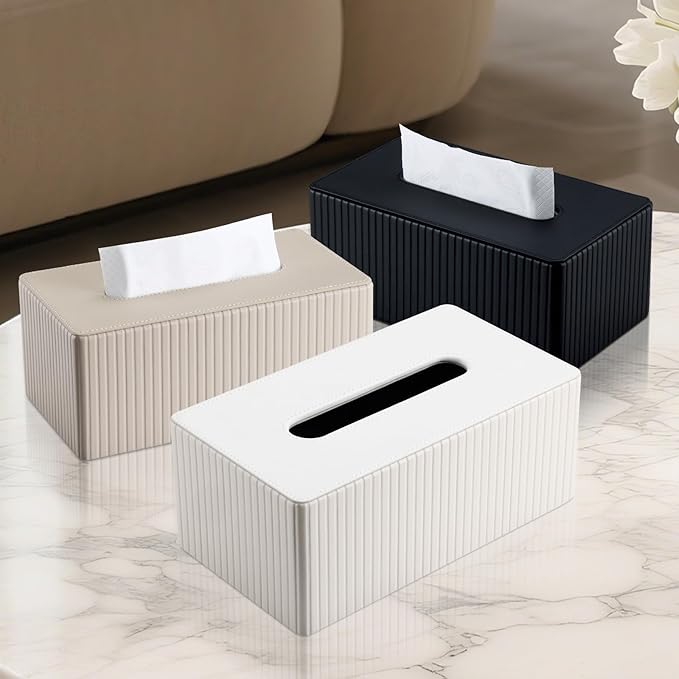 KINGFOM PU Leather Tissue Box Cover Rectangular Tissue Box Holder with Magnetic Bottom, Napkin & Facial Tissue Holder Dispenser for Home, Office (Decorative Pattern-PU Leather, Black Stripe)