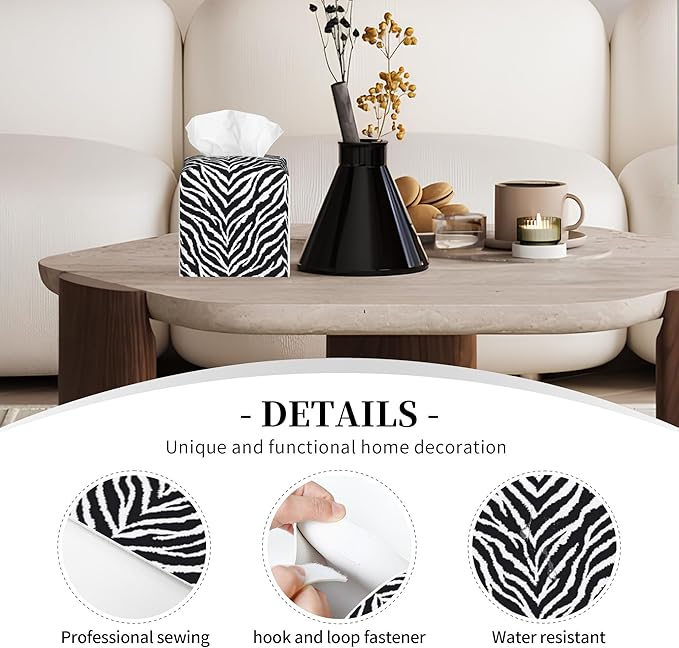 POIUBLE Tissue Box Holder Zebra Print Tissue Box Cover Square Leather Tissue Holder Organizer Portable Decorative Facial Paper Case for Home Office Bathroom Vanity Countertop