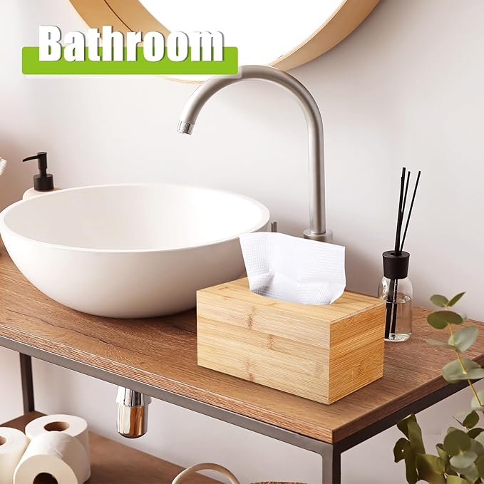 Rectangular Tissue Box Cover, Bamboo Tissue Box Cover Rectangle Tissue Box with Slide-Out Bottom Decorative Cube Facial Tissue for Bathroom Bedroom Dinner Table Office Tabletop