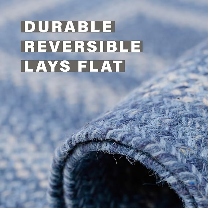 Homespice Denim Jute Braided Oval Rugs 5x8' - Ideal as Country Blue Oval Braided Rugs for Living Room, Reversible, No Shed Jute for Easy Maintenance