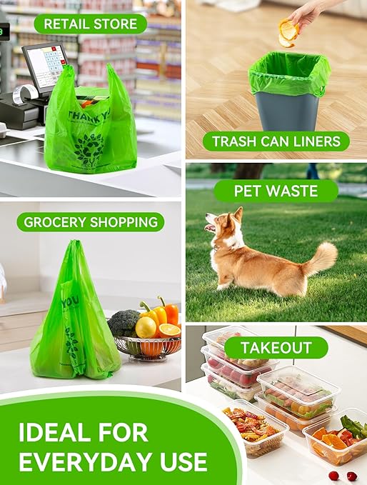[200 per box],Recyclable Compostable Reusable Biodegradable Plastic T-Shirt Bags,Grocery Shopping Bags,Measures 11. 5" X 6. 25" X 21"( large size 1/6) , 16 Mic (0. 63 Mil)
