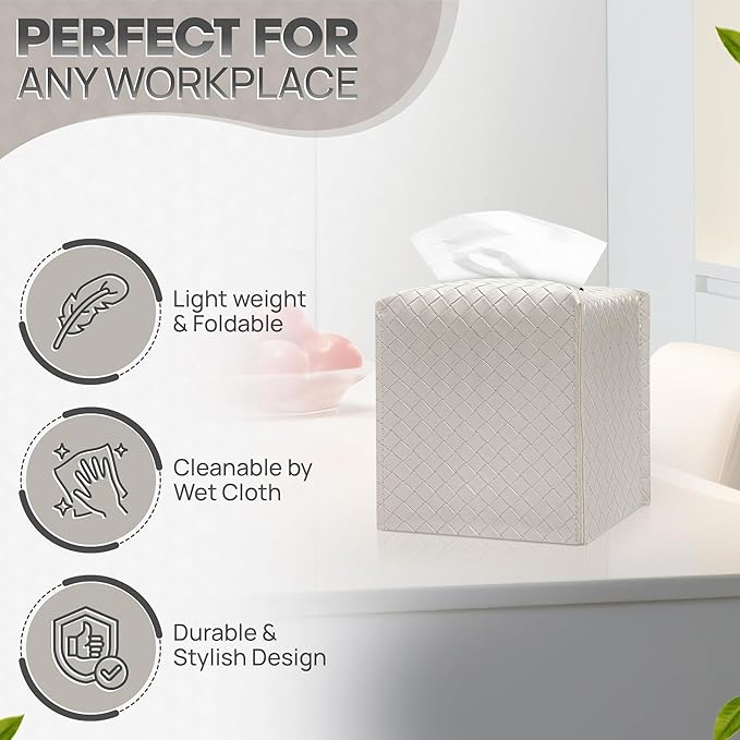 Tissue Box Cover Holder, PU Leather Tissue Box Cover with Braided Pattern, Square Tissue Holder with Bottom Belt, Modern Organizer for Bathroom, Car, Office, Tabletop(Pearl White,12 Braided Patterns)