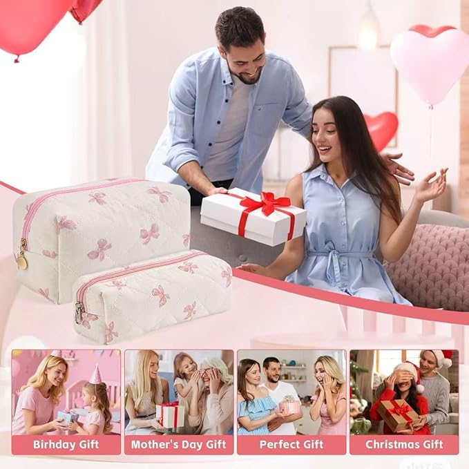 MZLUWM 2 Pcs Makeup Bag Travel Cosmetic Bag，Cute Floral Quilted Makeup Bag Set for Women Girls，Cotton Travel Toiletry Zipper Make Up Pouch (Pink Bow)