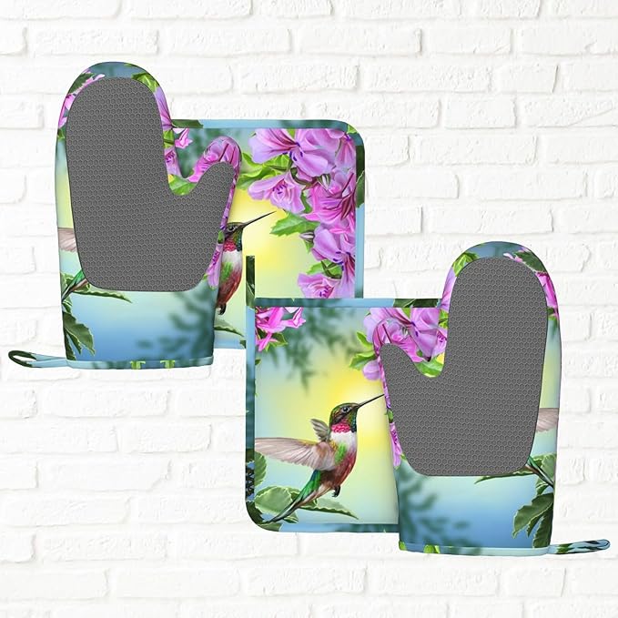 Bird Hummingbird Flower Oven Mitts And Pot Holders Set Of 4 Silicone Heat Resistant Oven Mitten Potholders Non Slip Gloves Kitchen Decor For Bbq Cooking Grilling Baking