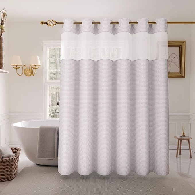 Inhousolu No Hook Shower Curtain with Snap in Fabric Liner Set Waffle Weave 230GSM Weighted Hem, Waterproof & Washable Bathroom Curtain Spa Luxury with Mesh Top Window 72" W x 72" L White