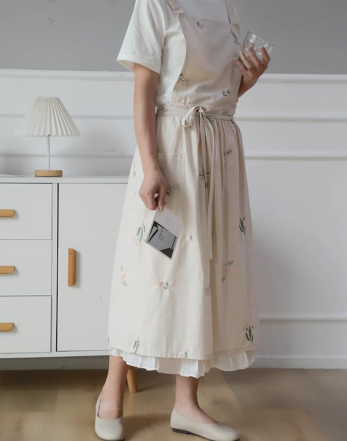 Japanese apron Women-Cross Back Apron for Women with Pockets, Pinafore Aprons, Womens Cotton Linen Apron