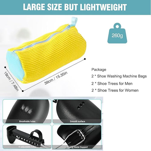 2 Pcs Shoe Washing Machine Bags with 4 Adjustable Shoe Trees, XXL Laundry Bags for Washer and Dryer, Sturdy Zipper with Hook Design, Reusable Cleaning Bag for Sneaker, Tennis (Yellow)